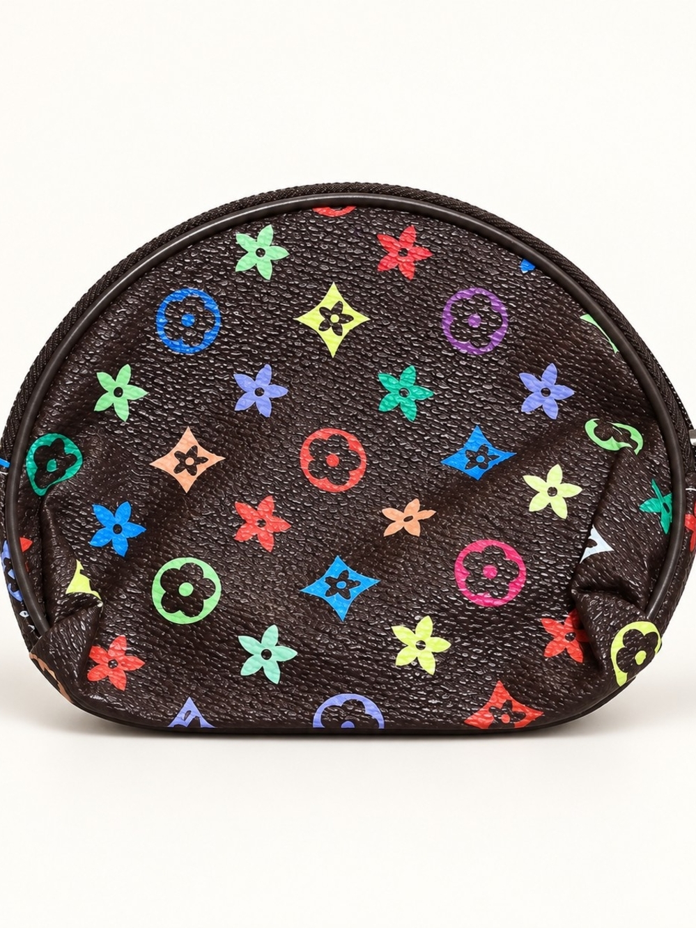 Designer-Inspired Brown Coin Purse with Multicolor Monogram Print